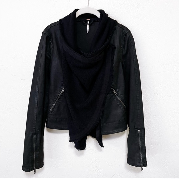 free people Drape Front Coated Moto Jean Jacket in Black Combo - 2 - Picture 13 of 13